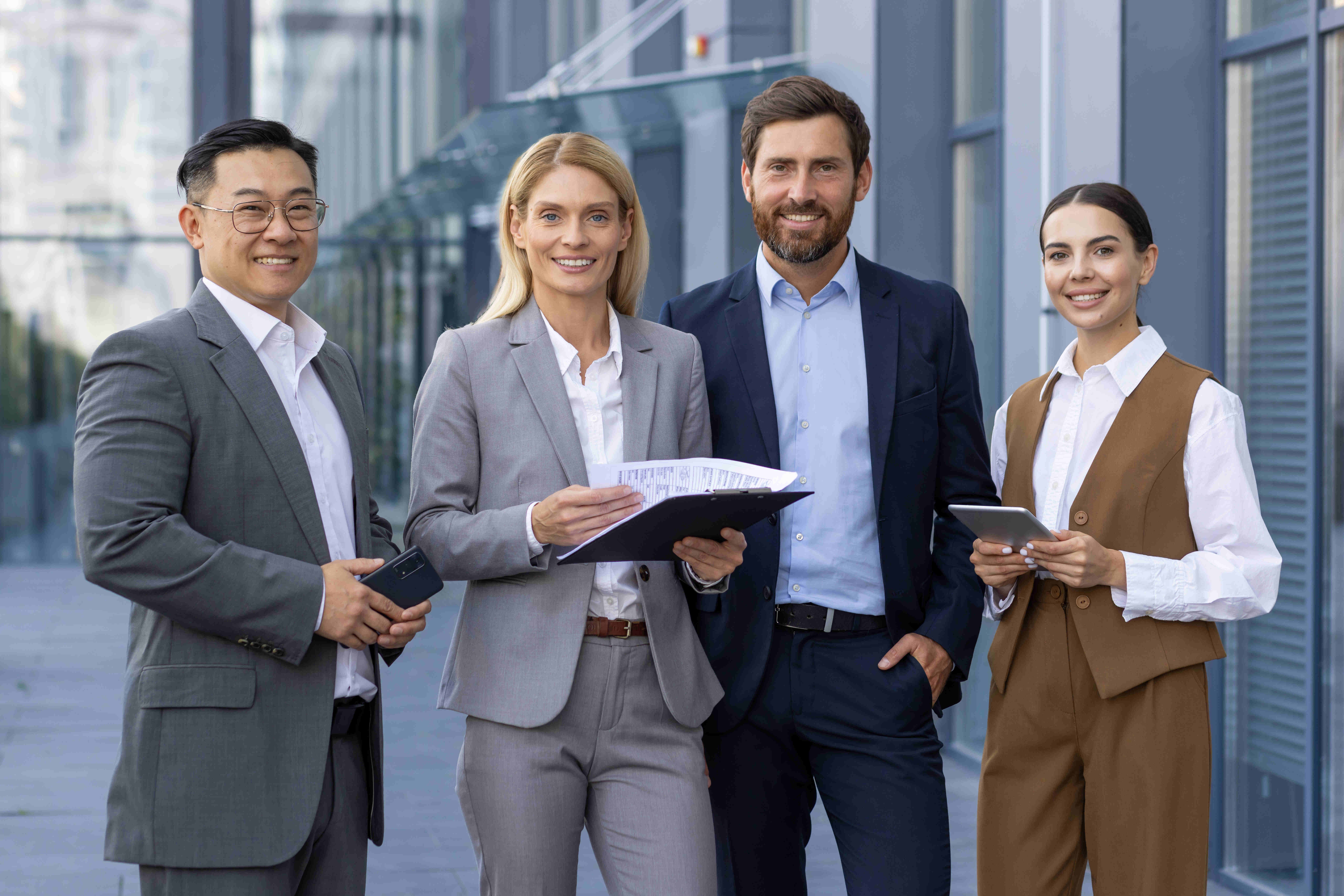 Portrait of a dream team, four business people men and women smiling and looking at the camera, colleagues outside an office building walking city, a group of diverse people in business suits.