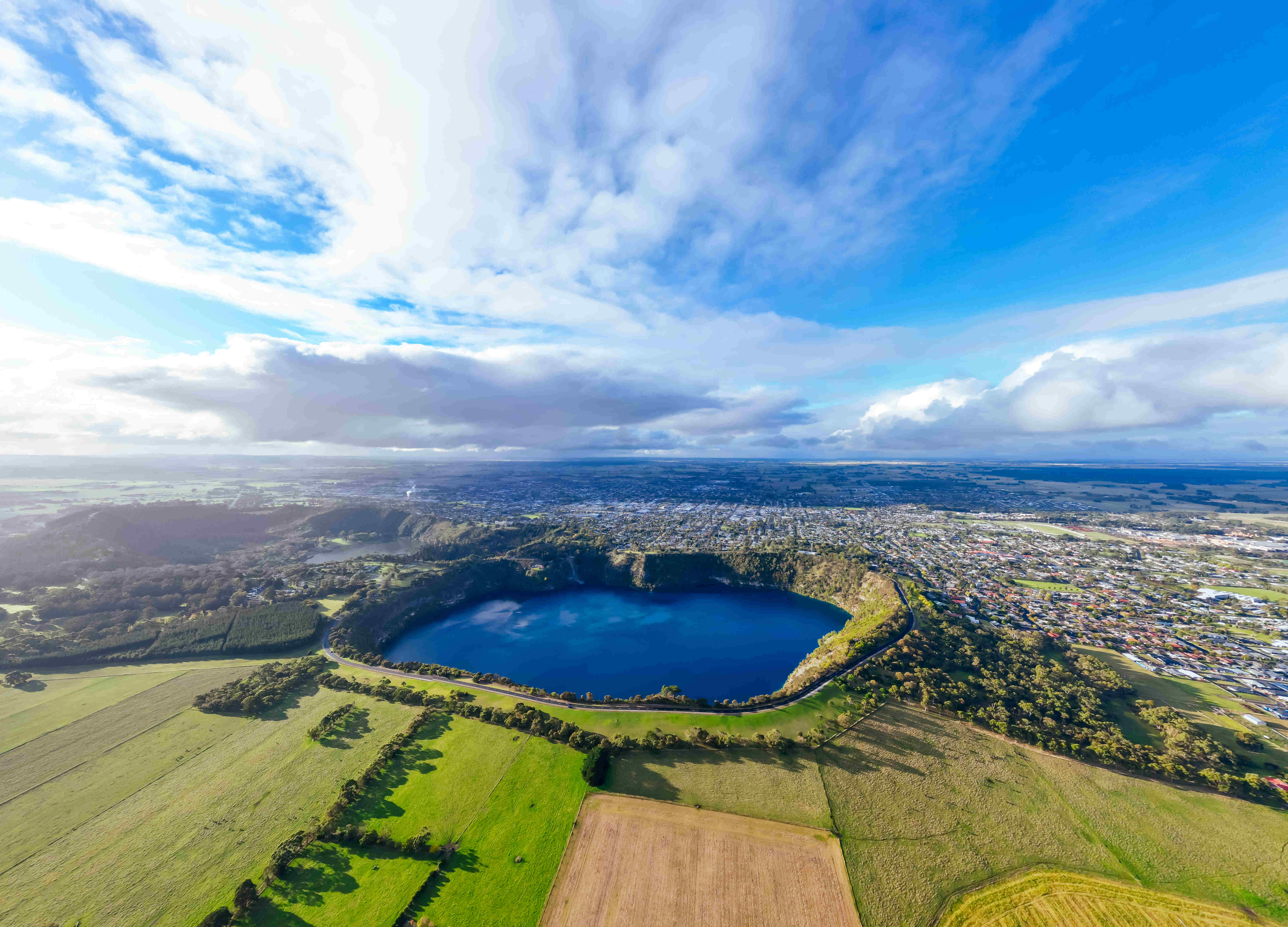 The rural town of Mt Gambier and its famous Blue Lake crater on a sunny autumn day in South Australia, Australia