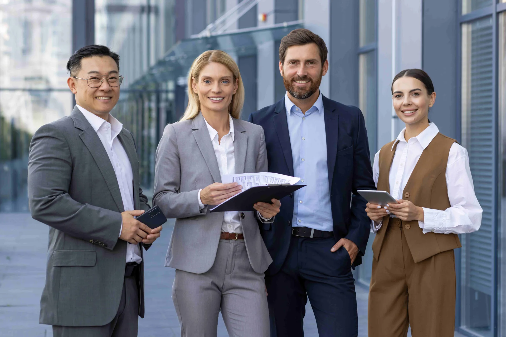 Portrait of a dream team, four business people men and women smiling and looking at the camera, colleagues outside an office building walking city, a group of diverse people in business suits.